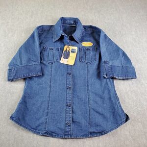 Vtg Rider By Lee Shirt Womens Small Blue 3/4 Sleeve Denim Button Up